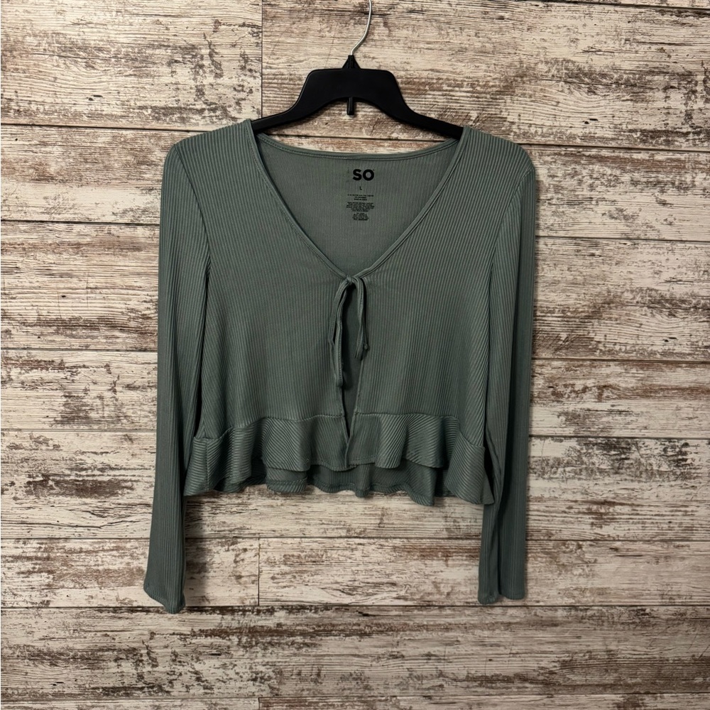 SO Women's Green Ribbed Tie-Front Blouse